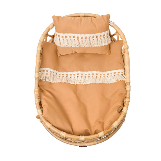Rattan Doll Doll Crib + Bedding Set